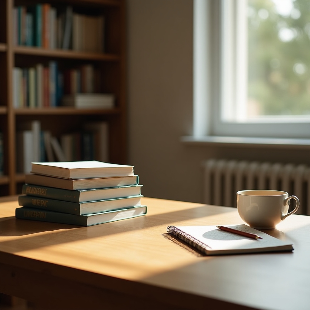 Escritorio con libros y notas de investigación sobre normativa alimentaria