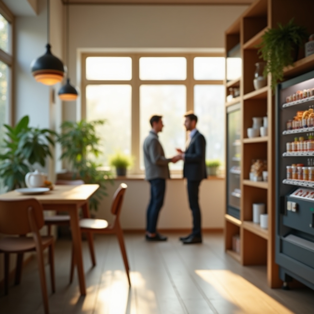 Rincón de snacks saludables en un espacio de coworking con vending machine