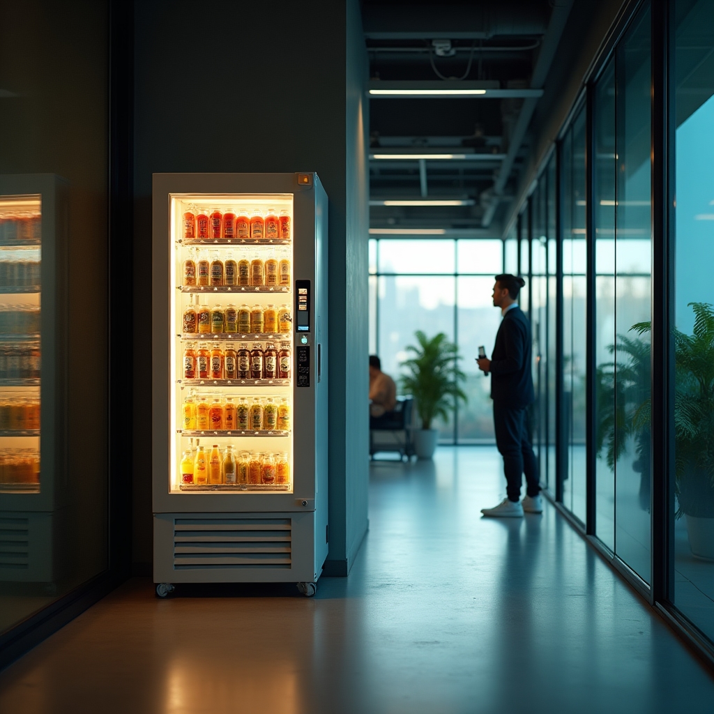 Máquina expendedora de productos saludables en un pasillo de oficina moderna