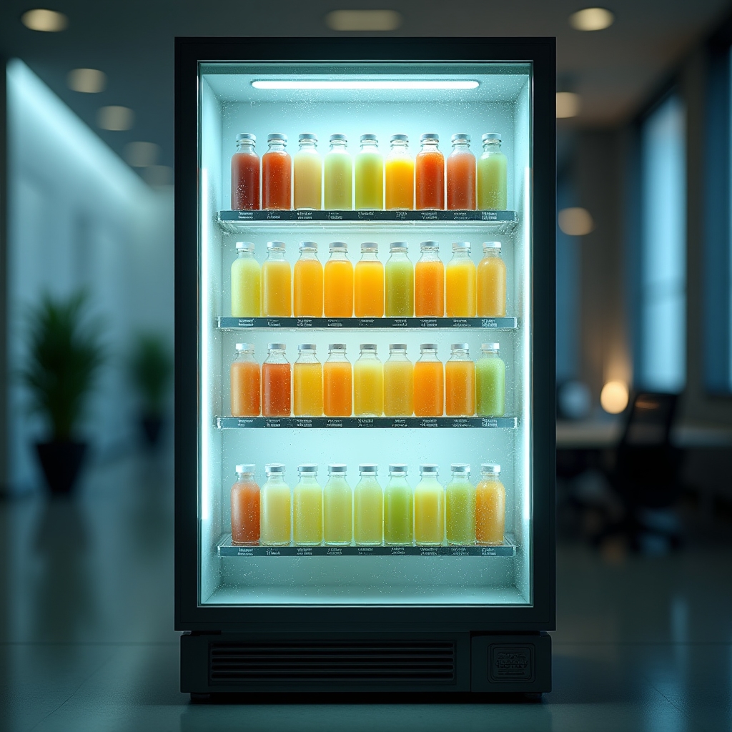 Detalle de una máquina refrigerada de jugos saludables